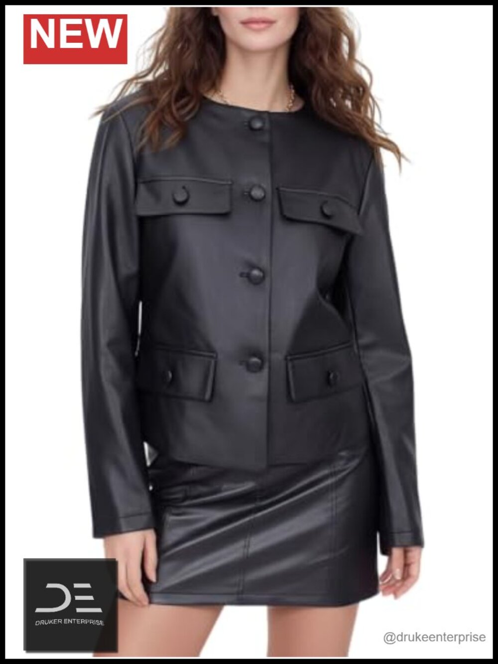 Faux Leather Classic Casual Jacket Round Neck Button Slim Fit
